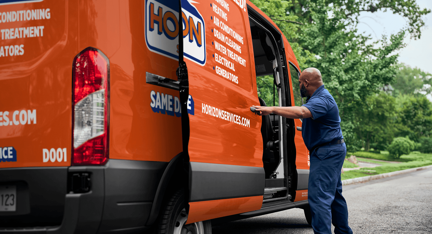 A professional Horizon technician opening an orange service van on a residential street, ready to provide home HVAC, plumbing, and electrical services.