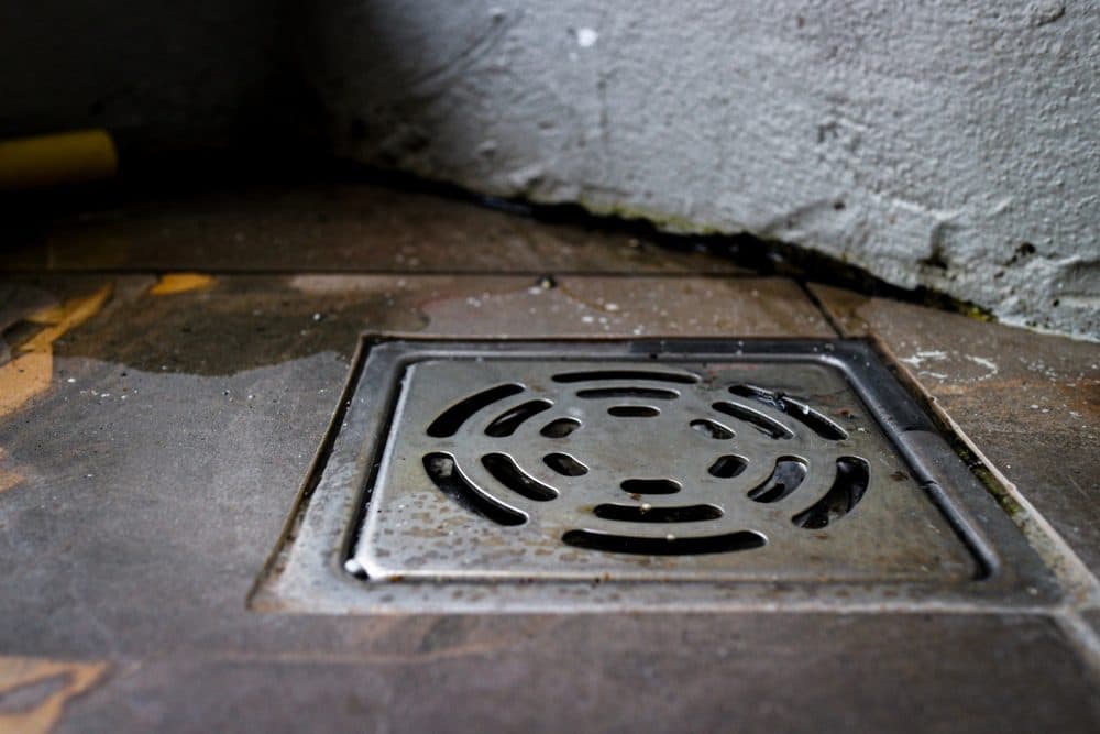 A floor drain with 3 circular rings sitting flush on a concrete floor
