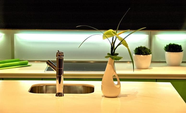 A white plant with a large leaf sits in the foreground next to a kitchen sink while two other plants in white pots sit next to a glass stove top